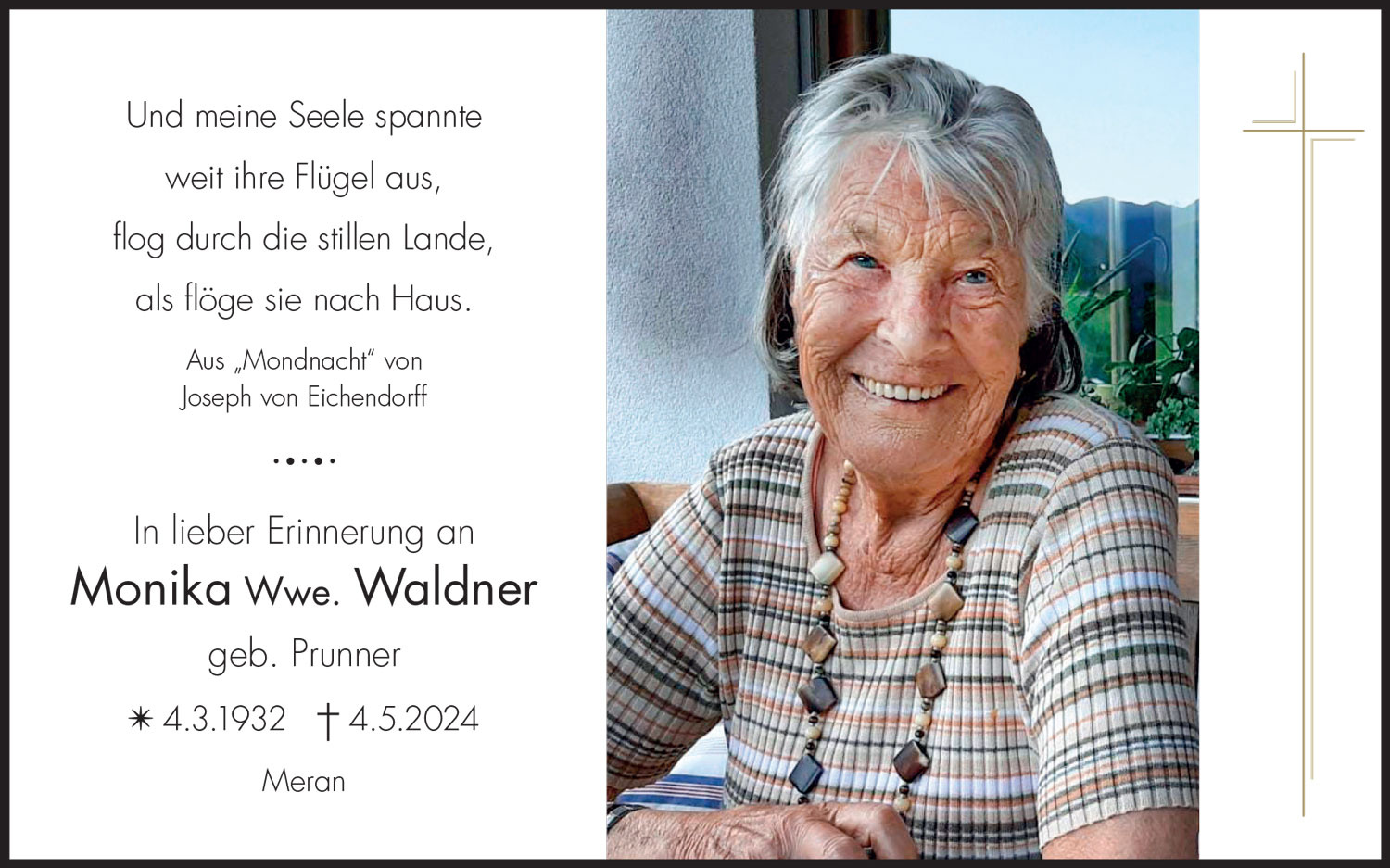 Sterbebild: Monika Wwe. Waldner geb. Prunner