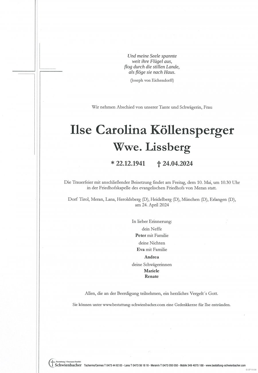Parte: Ilse Carolina Wwe. Lissberg geb. Köllensperger