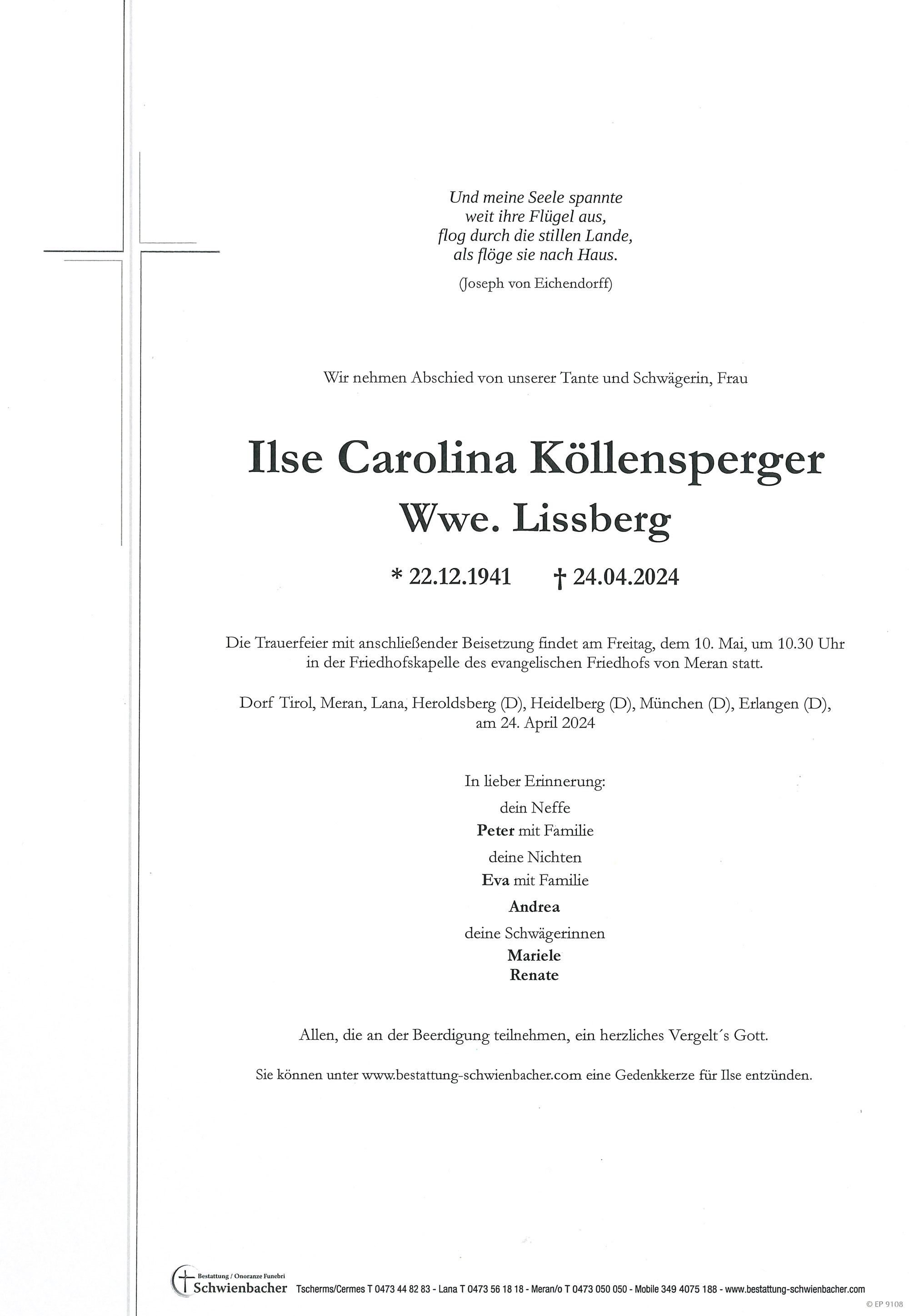 Parte: Ilse Carolina Wwe. Lissberg geb. Köllensperger 