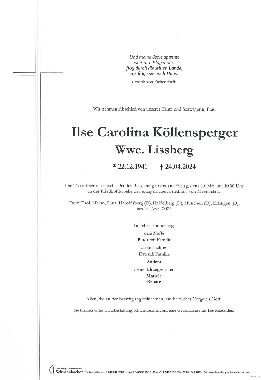 Parte: Ilse Carolina Wwe. Lissberg geb. Köllensperger