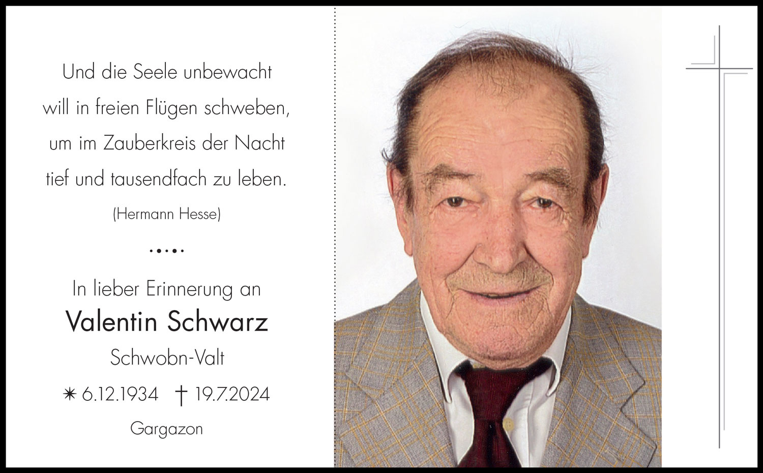 Sterbebild: Valentin Schwarz