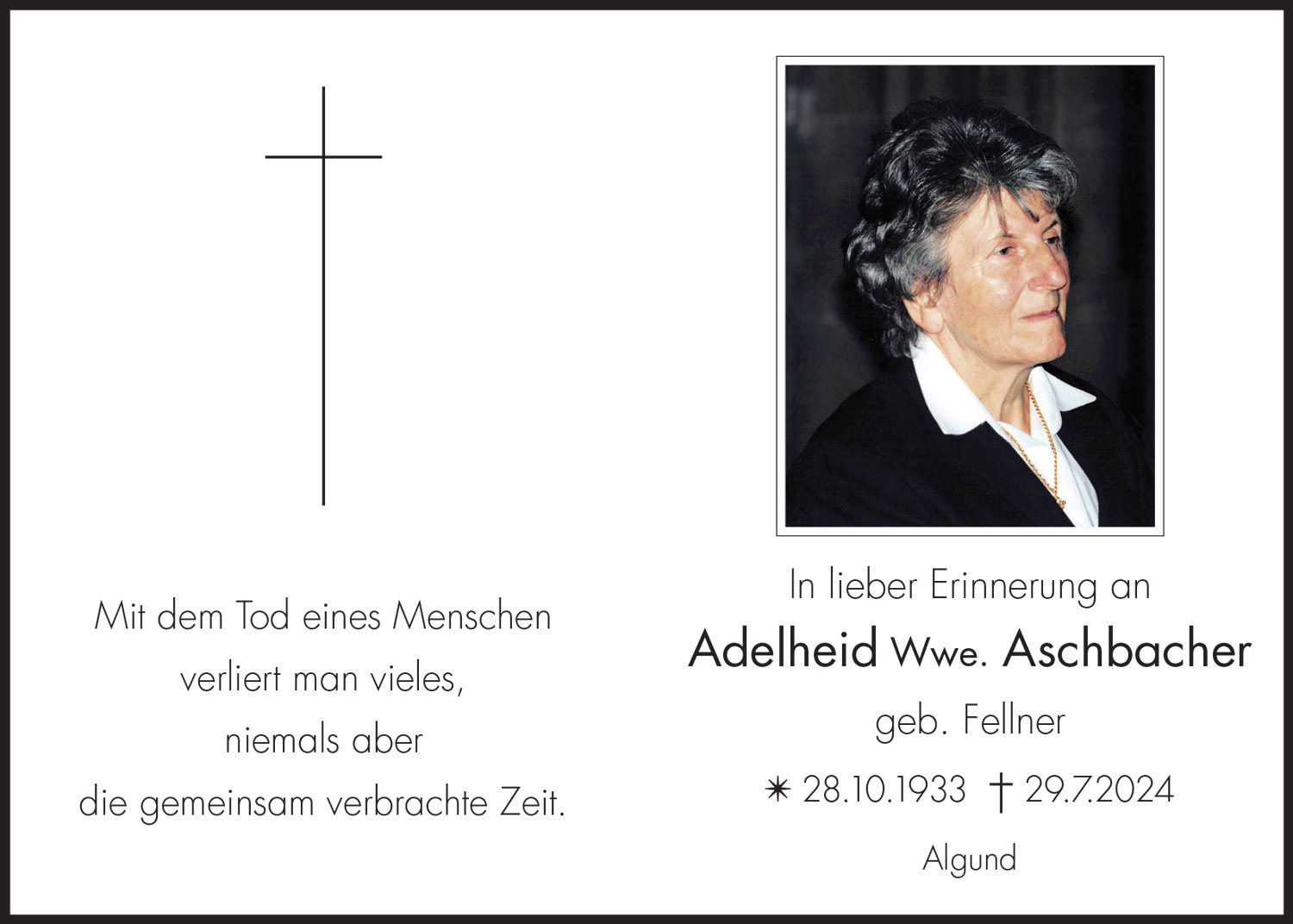 Sterbebild: Adelheid Wwe. Aschbacher geb. Fellner