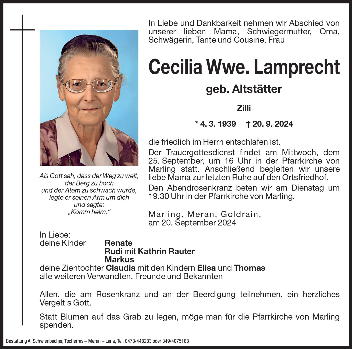 Medien: Cecilia Wwe. Lamprecht geb. Altstätter