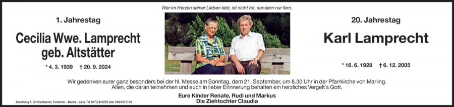 Jahrtag: Cecilia Wwe. Lamprecht geb. Altstätter