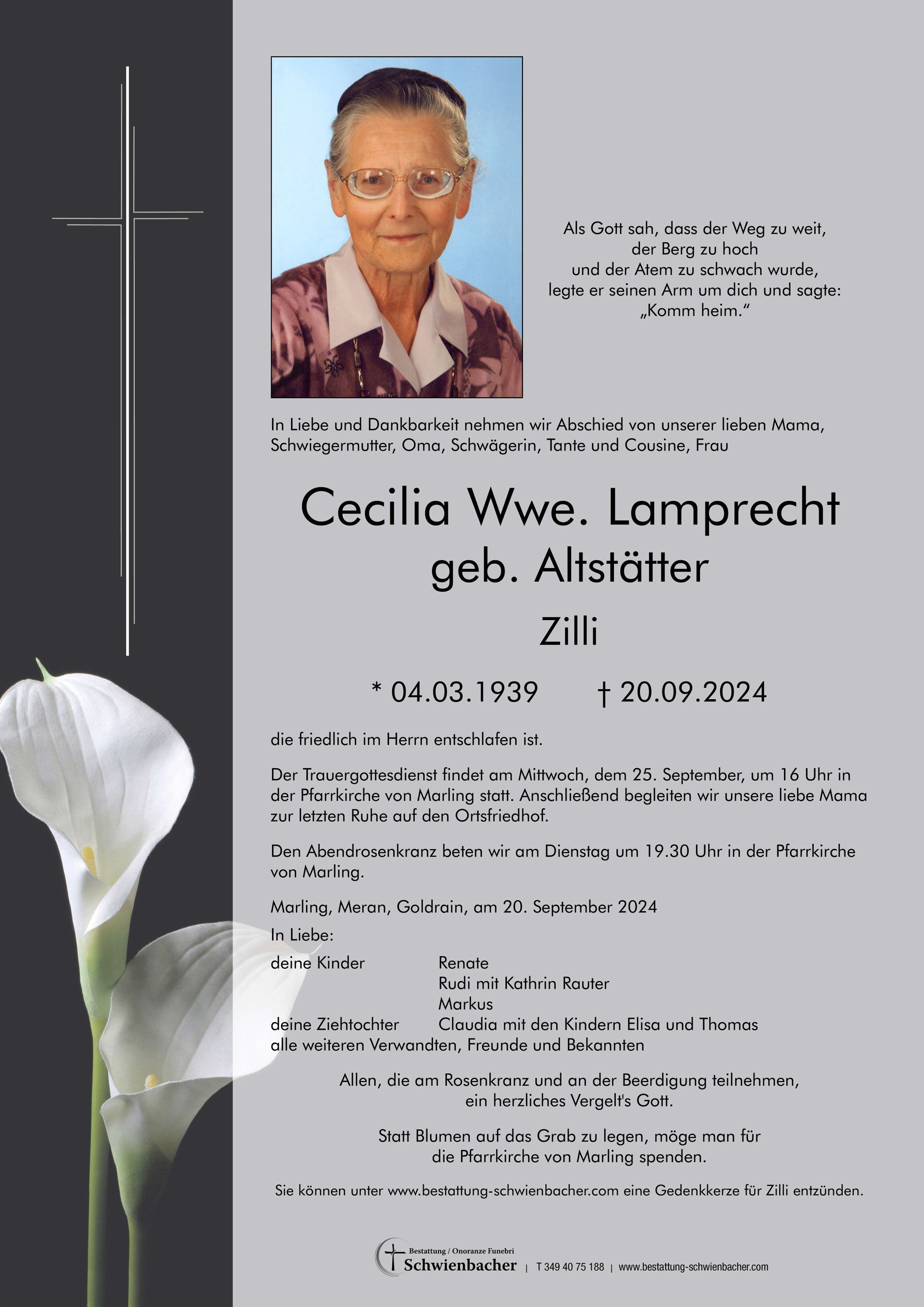 Parte: Cecilia Wwe. Lamprecht geb. Altstätter 