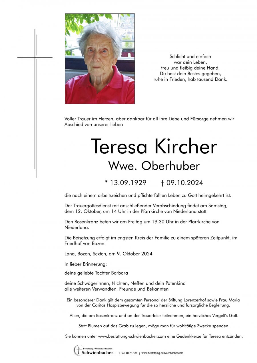 Parte: Teresa Wwe. Oberhuber geb. Kircher