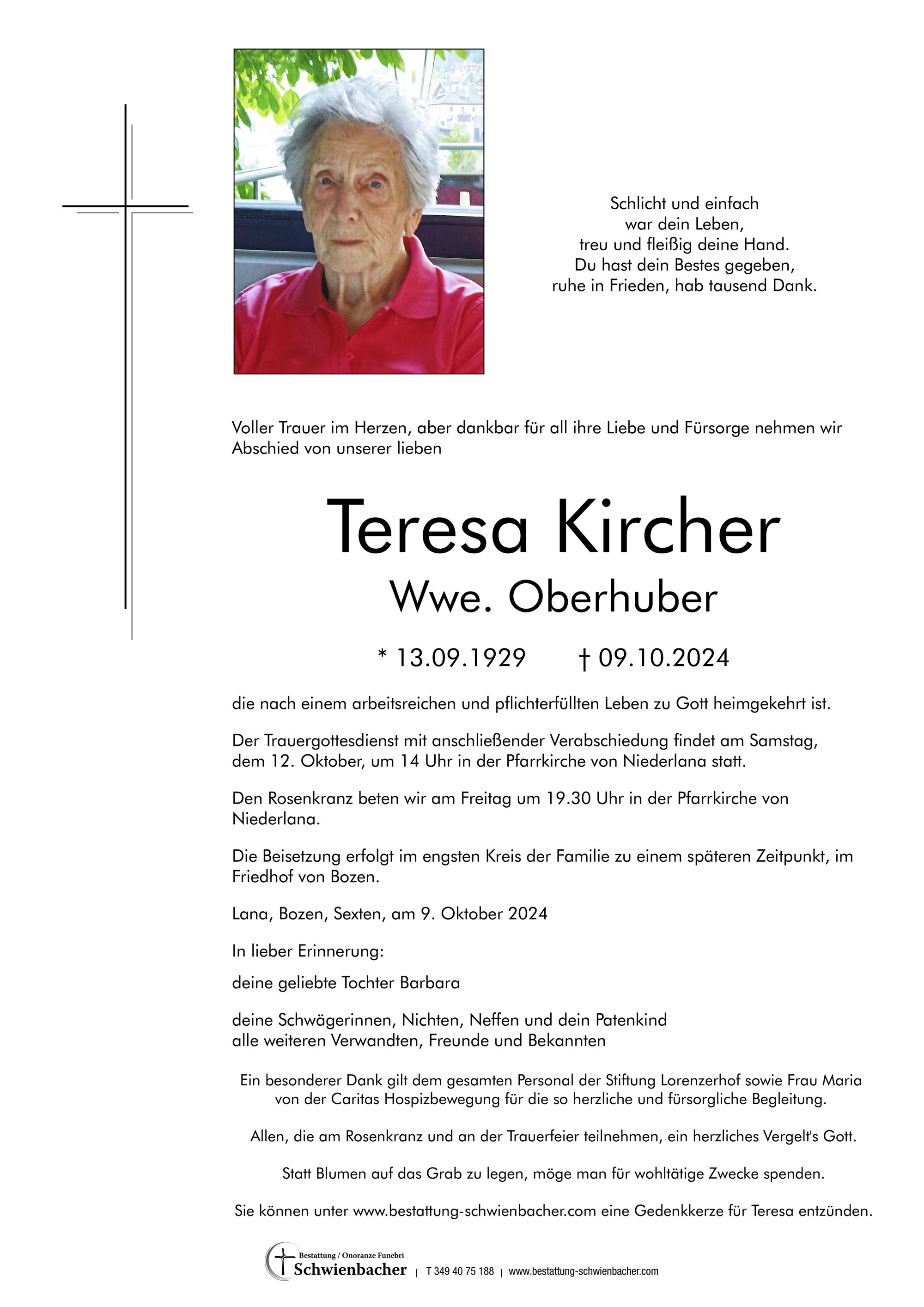 Parte: Teresa Wwe. Oberhuber geb. Kircher 