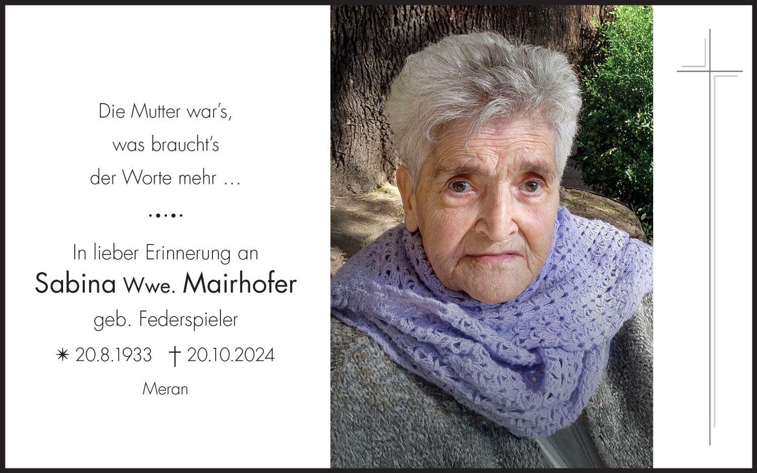 Sterbebild: Sabina Wwe. Mairhofer geb. Federspieler