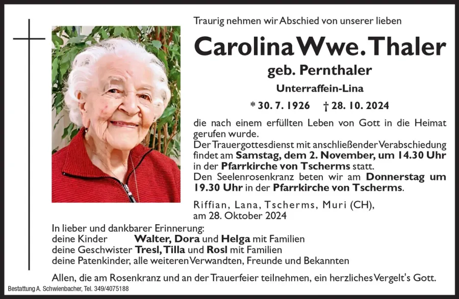 Medien: Carolina Wwe. Thaler geb. Pernthaler