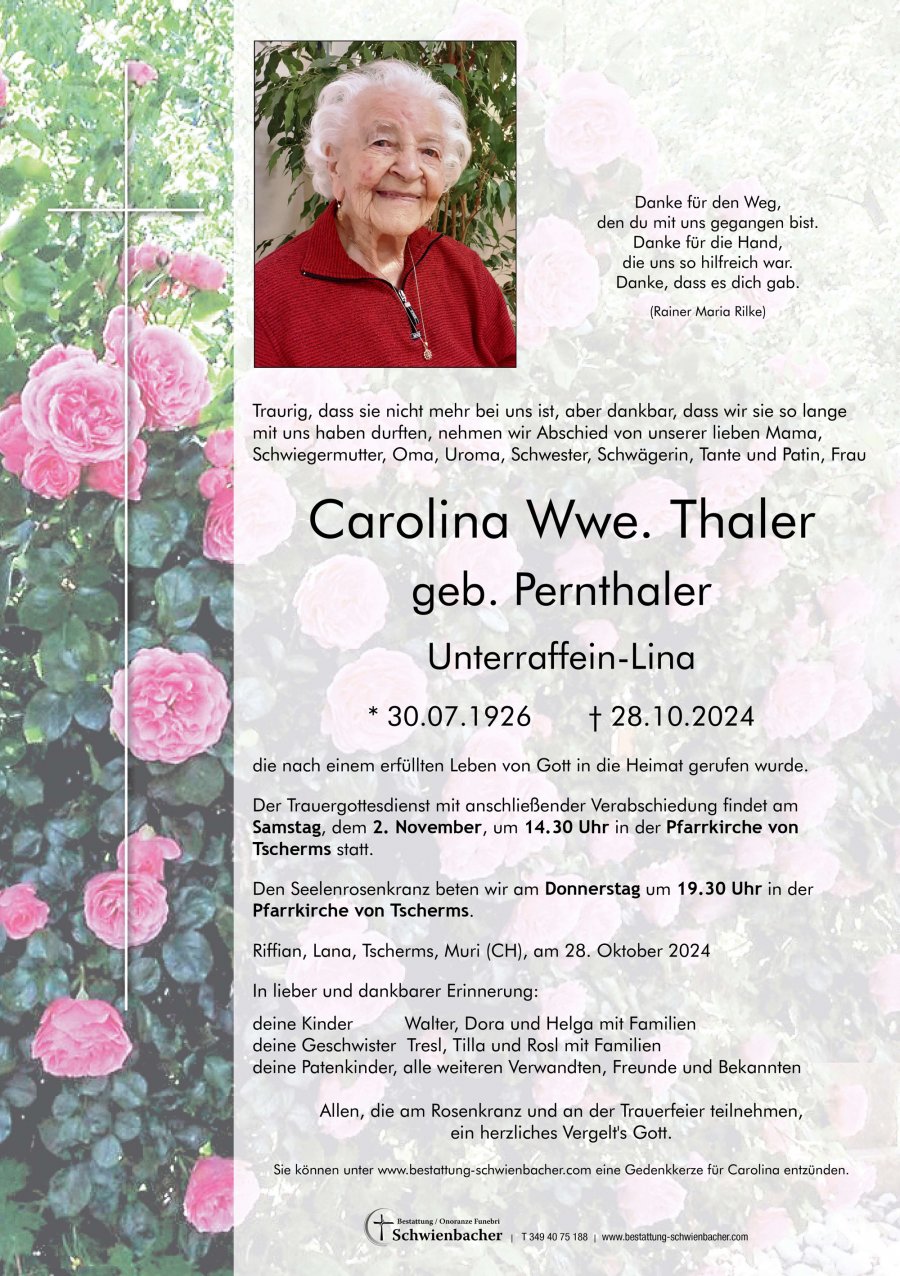 Parte: Carolina Wwe. Thaler geb. Pernthaler