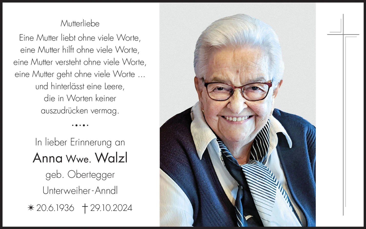 Sterbebild: Anna Wwe. Walzl geb. Obertegger