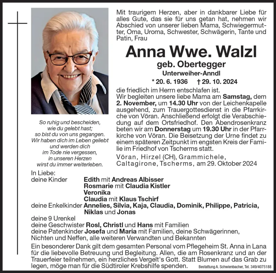 Medien: Anna Wwe. Walzl geb. Obertegger