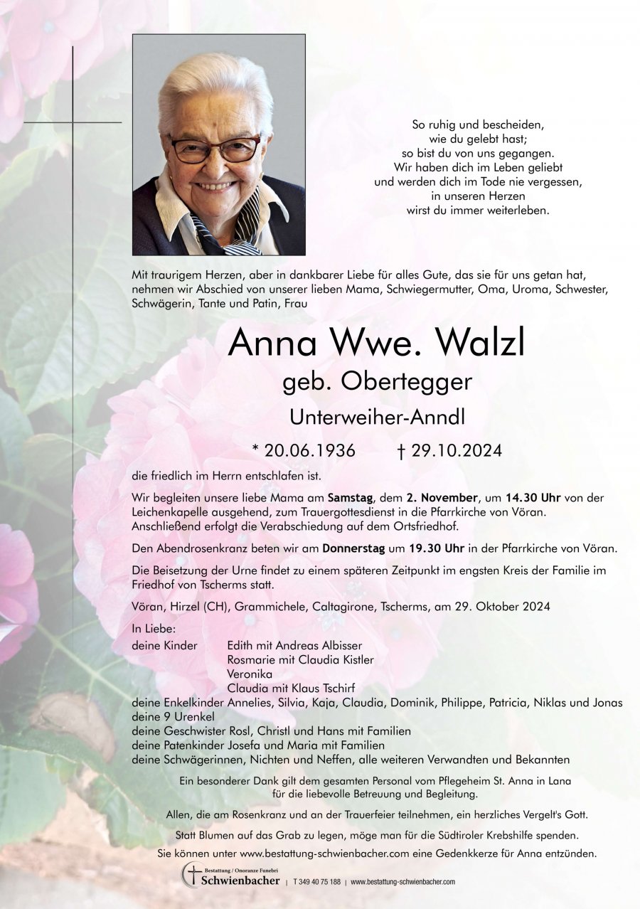 Parte: Anna Wwe. Walzl geb. Obertegger