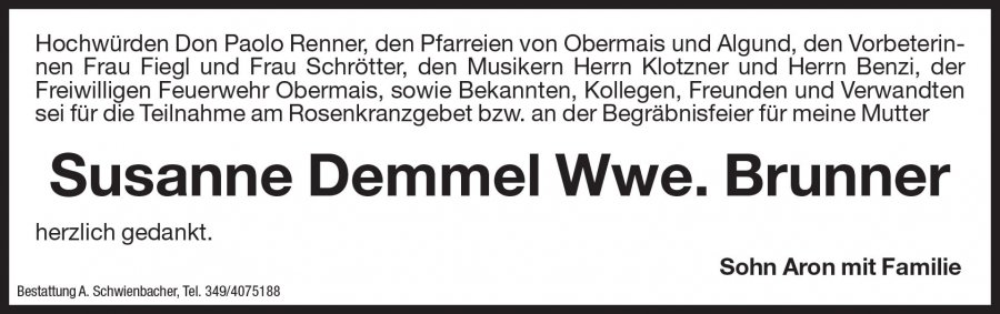 Jahrtag: Susanne Christina Wwe. Brunner geb. Demmel