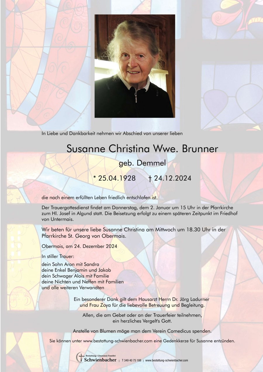 Parte: Susanne Christina Wwe. Brunner geb. Demmel