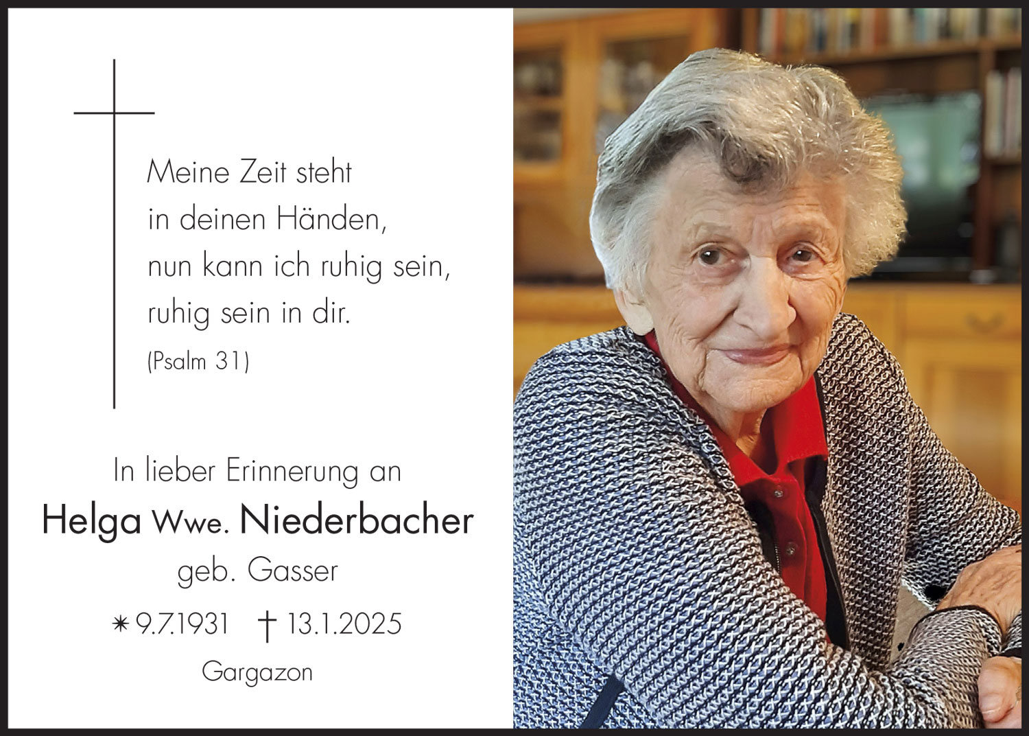 Sterbebild: Helga Wwe. Niederbacher geb. Gasser