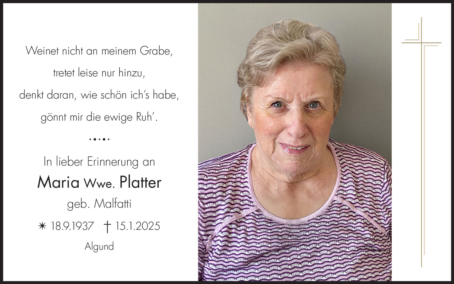 Sterbebild: Maria Anna Wwe. Platter geb. Malfatti