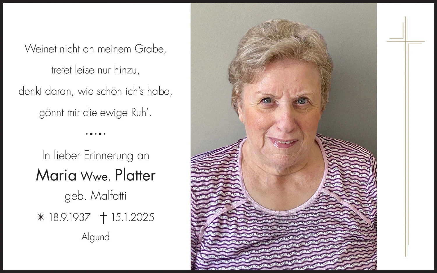 Sterbebild: Maria Anna Wwe. Platter geb. Malfatti