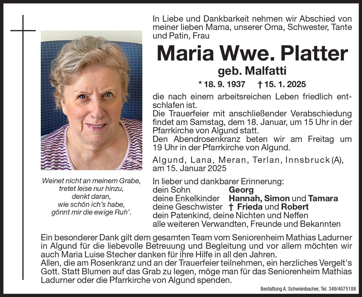 Medien: Maria Anna Wwe. Platter geb. Malfatti