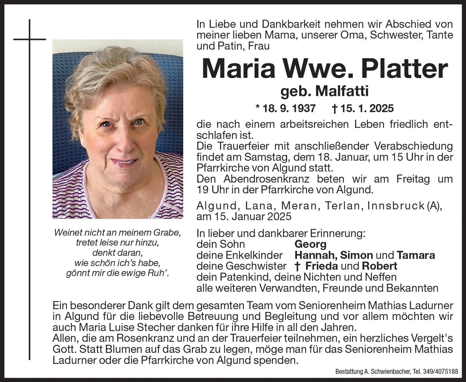 Medien: Maria Anna Wwe. Platter geb. Malfatti
