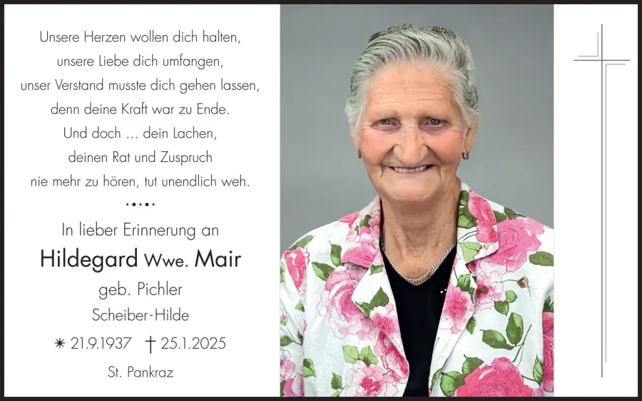 Sterbebild: Hildegard Wwe. Mair geb. Pichler
