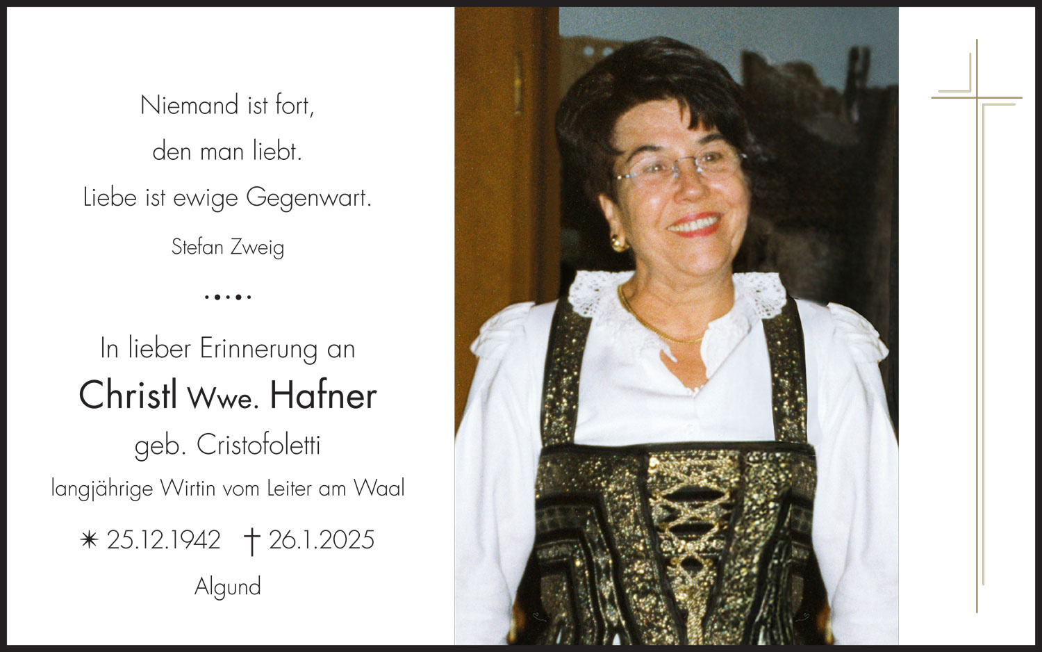 Sterbebild: Christine Wwe. Hafner geb. Cristofoletti
