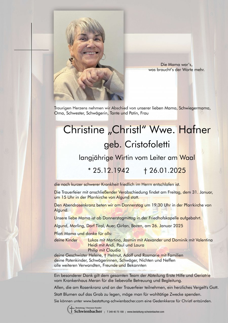 Parte: Christine Wwe. Hafner geb. Cristofoletti