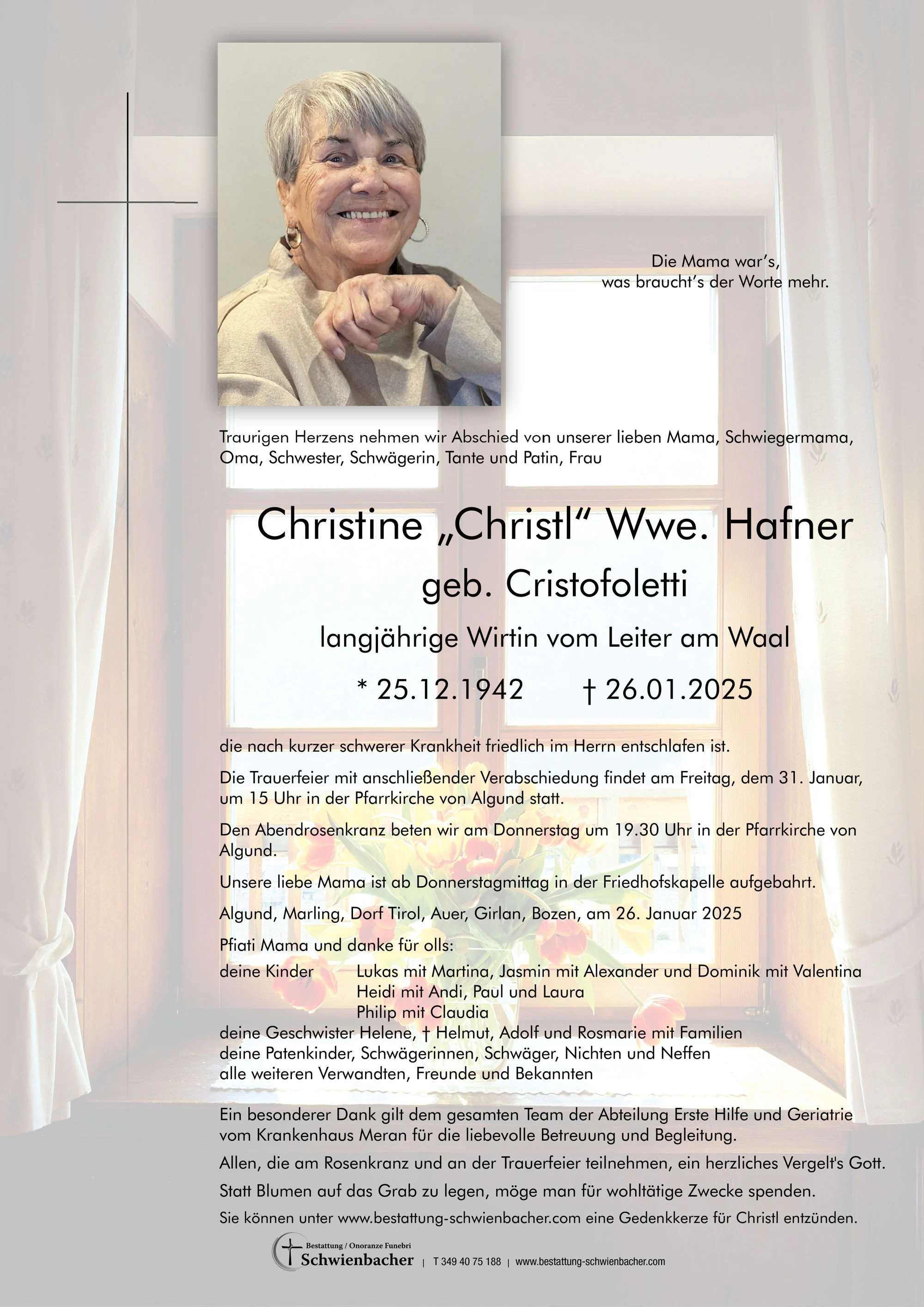 Parte: Christine Wwe. Hafner geb. Cristofoletti
