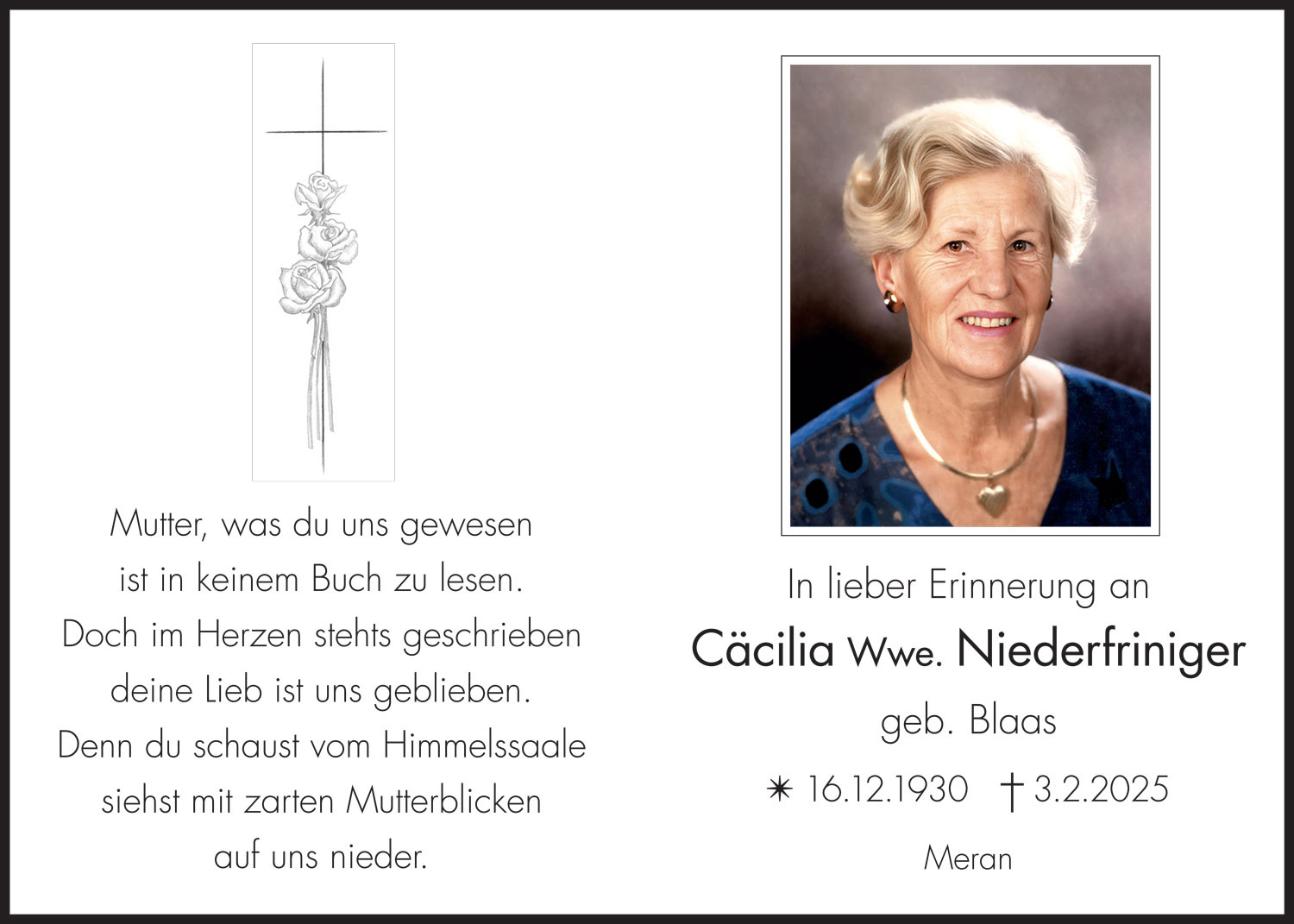 Sterbebild: Cäcilia Wwe. Niederfriniger geb. Blaas