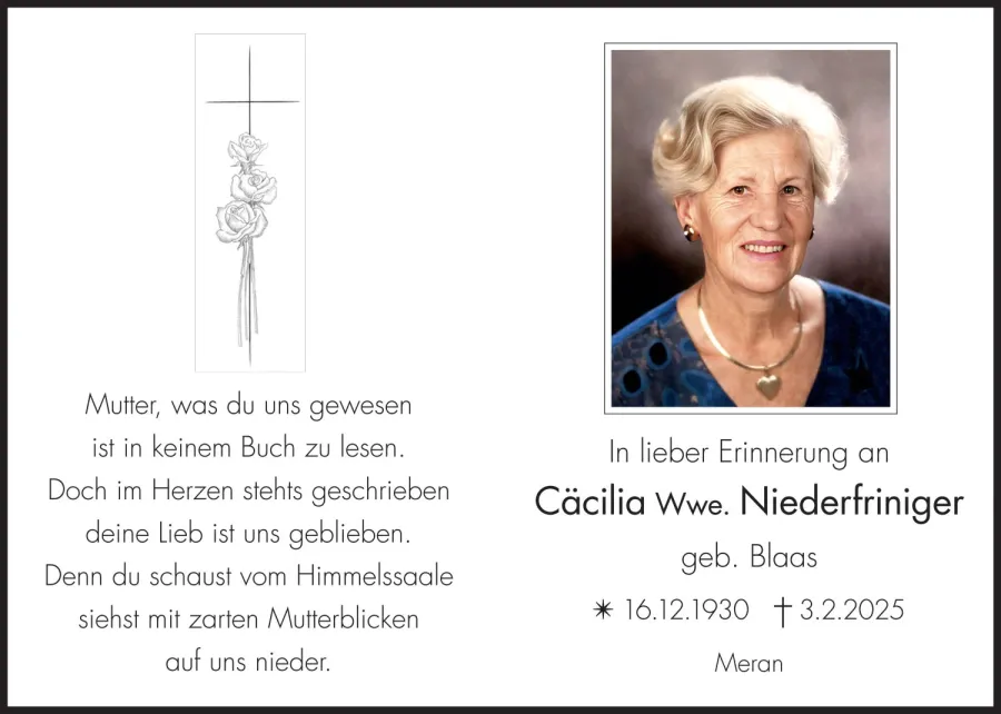 Sterbebild: Cäcilia Wwe. Niederfriniger geb. Blaas