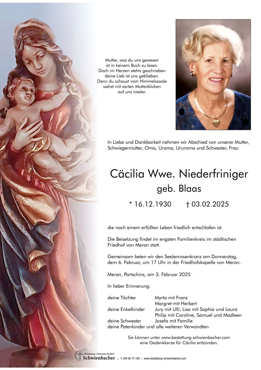 Parte: Cäcilia Wwe. Niederfriniger geb. Blaas