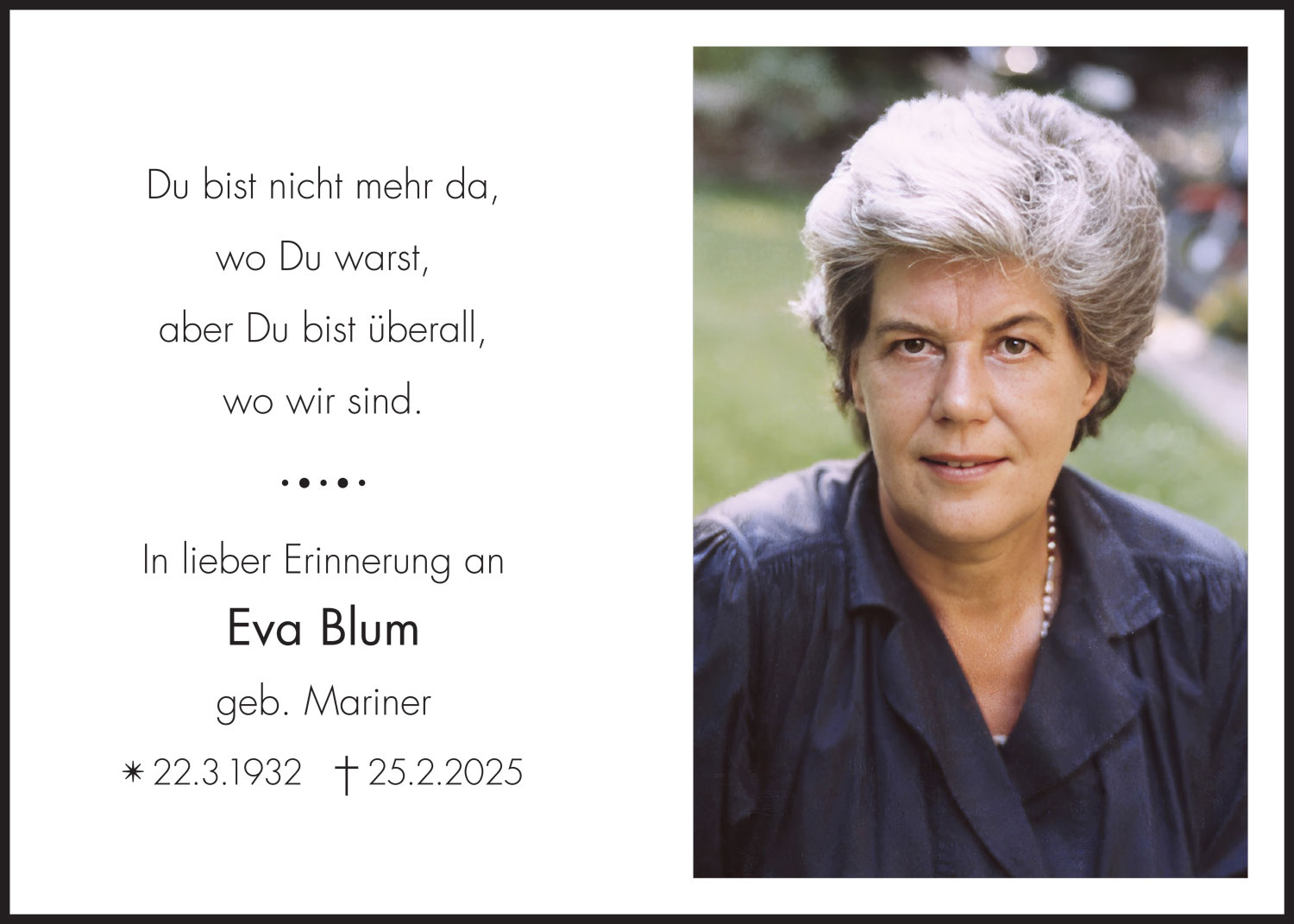 Sterbebild: Eva Wwe. Blum geb. Mariner