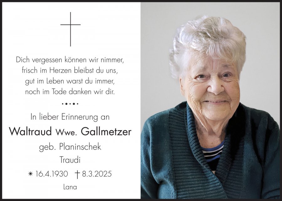 Sterbebild: Waltraud Wwe. Gallmetzer geb. Planinschek