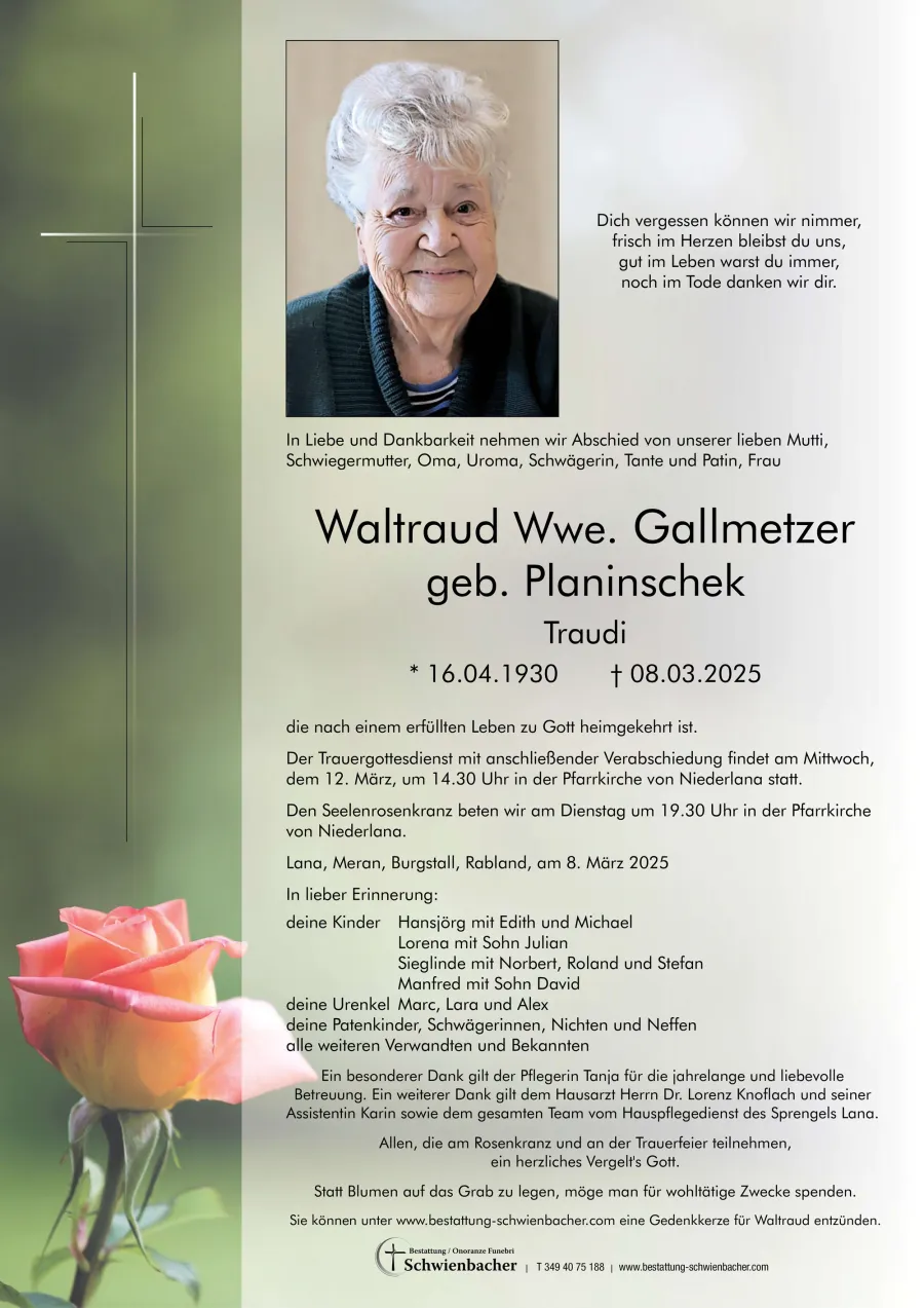 Parte: Waltraud Wwe. Gallmetzer geb. Planinschek