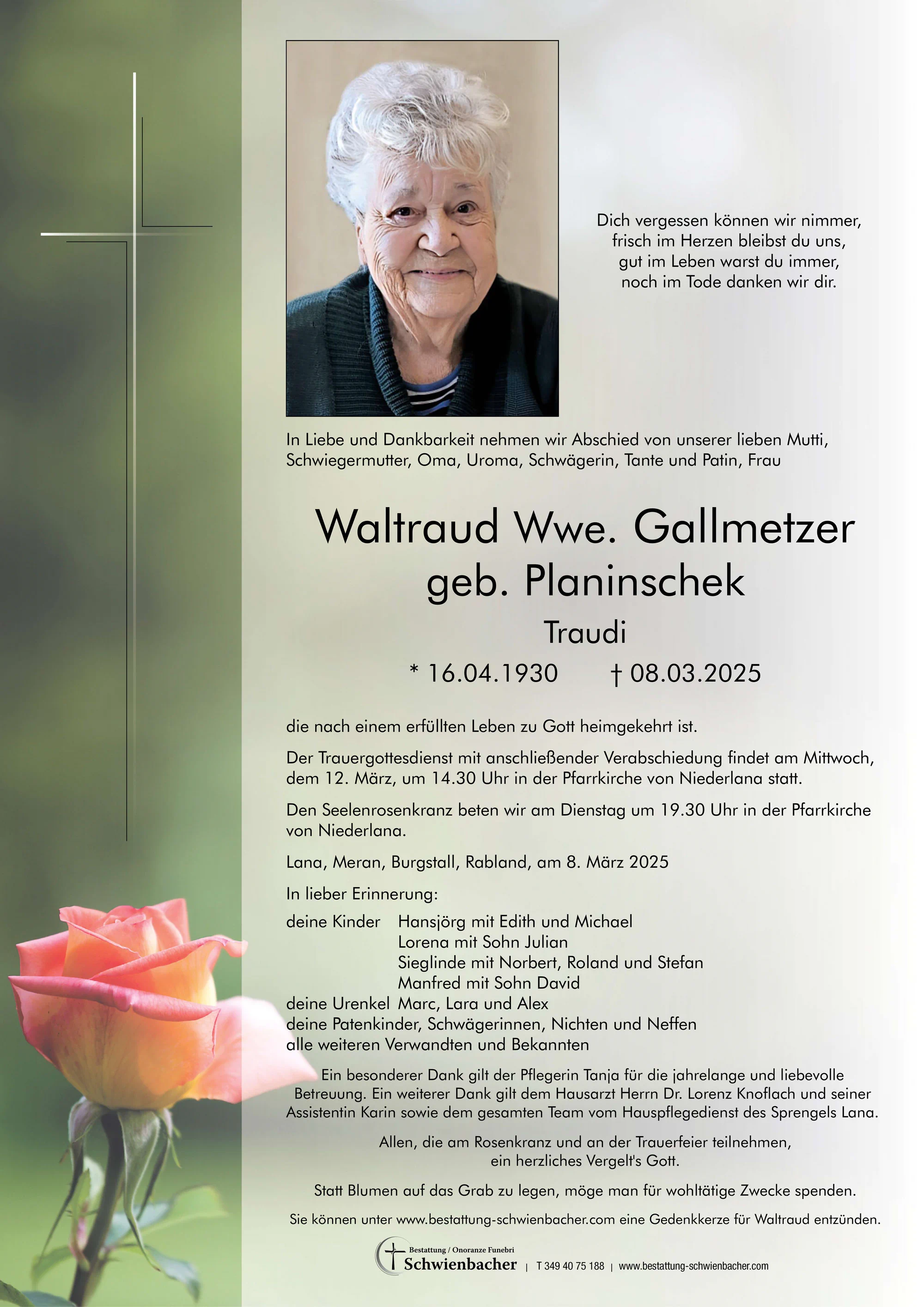 Parte: Waltraud Wwe. Gallmetzer geb. Planinschek 