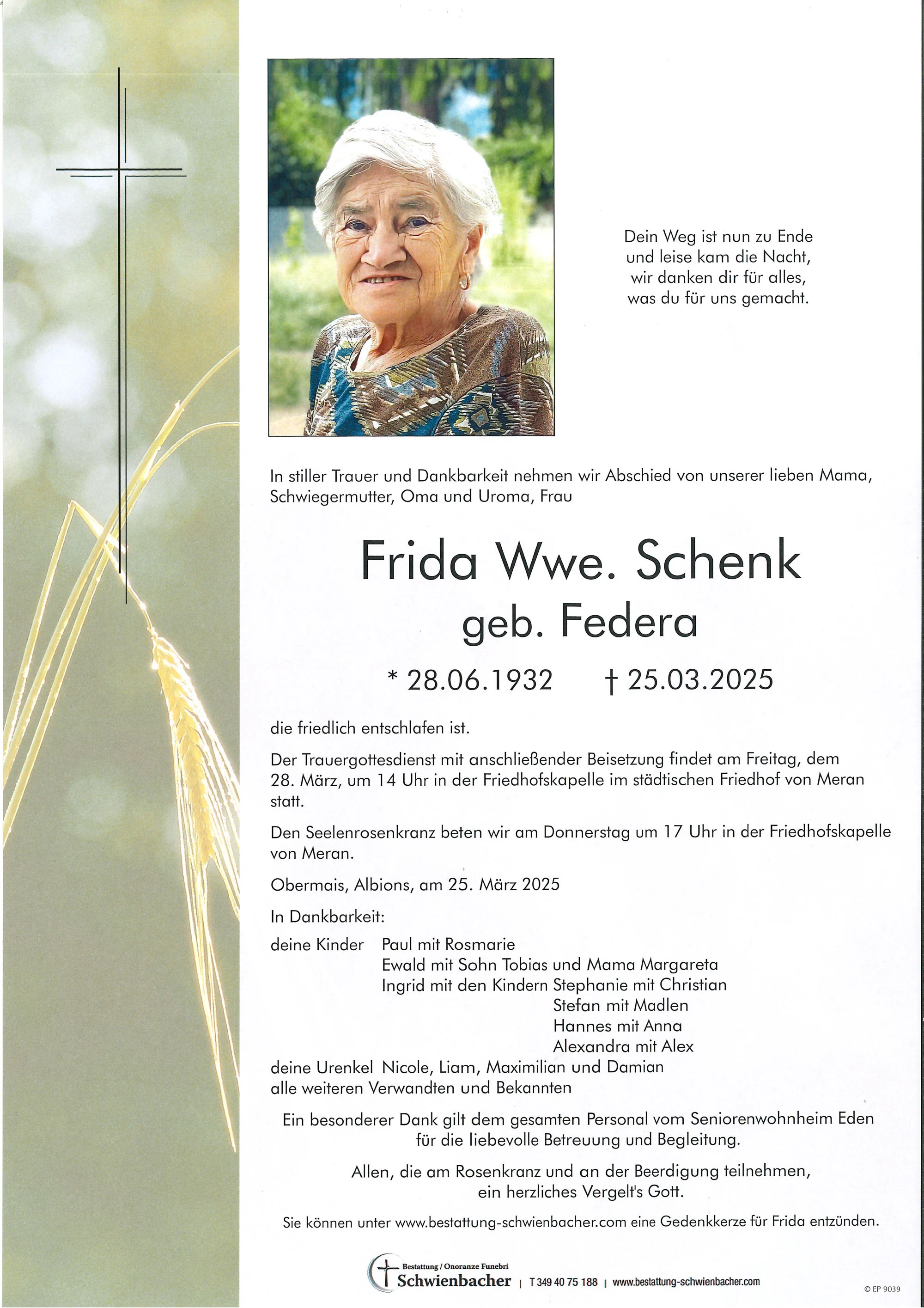Parte: Frida Wwe. Schenk geb. Federa 