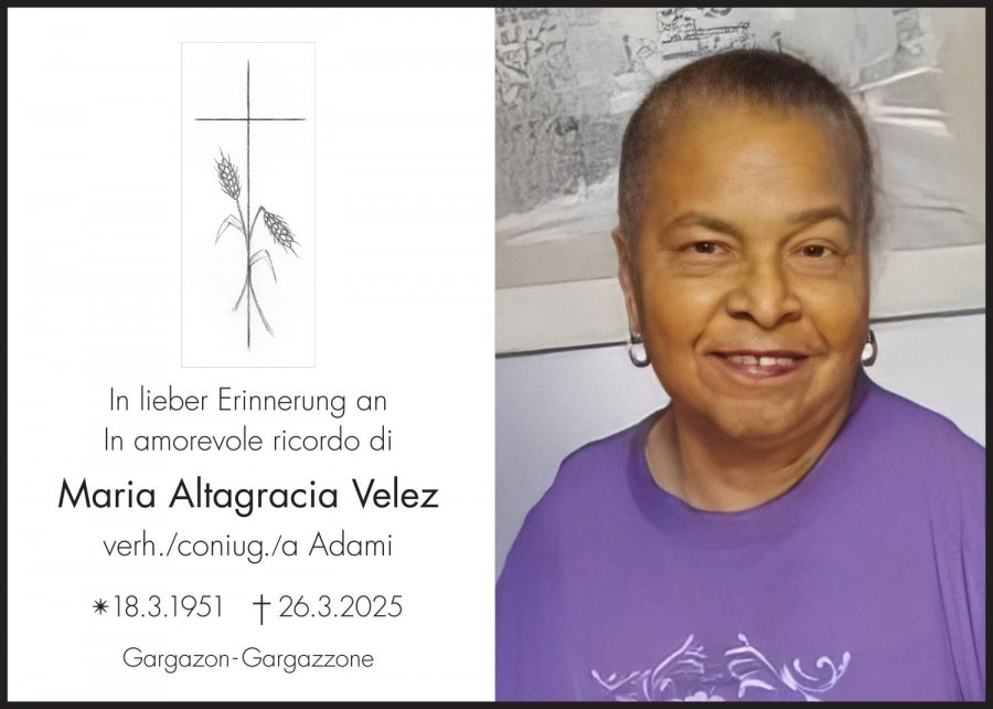 Sterbebild: Maria Altagracia Velez in Adami