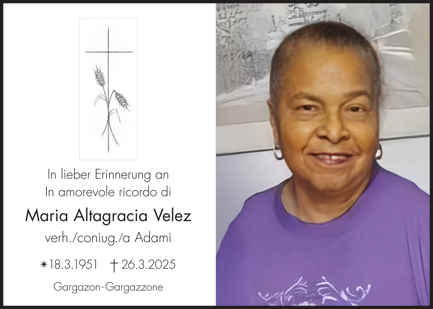 Sterbebild: Maria Altagracia Velez in Adami