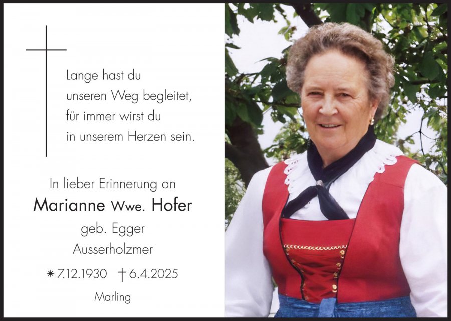 Sterbebild: Marianne Wwe. Hofer geb. Egger