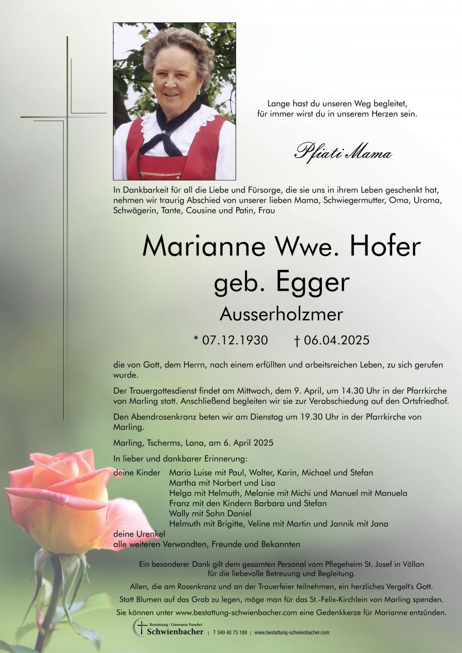Parte: Marianne Wwe. Hofer geb. Egger