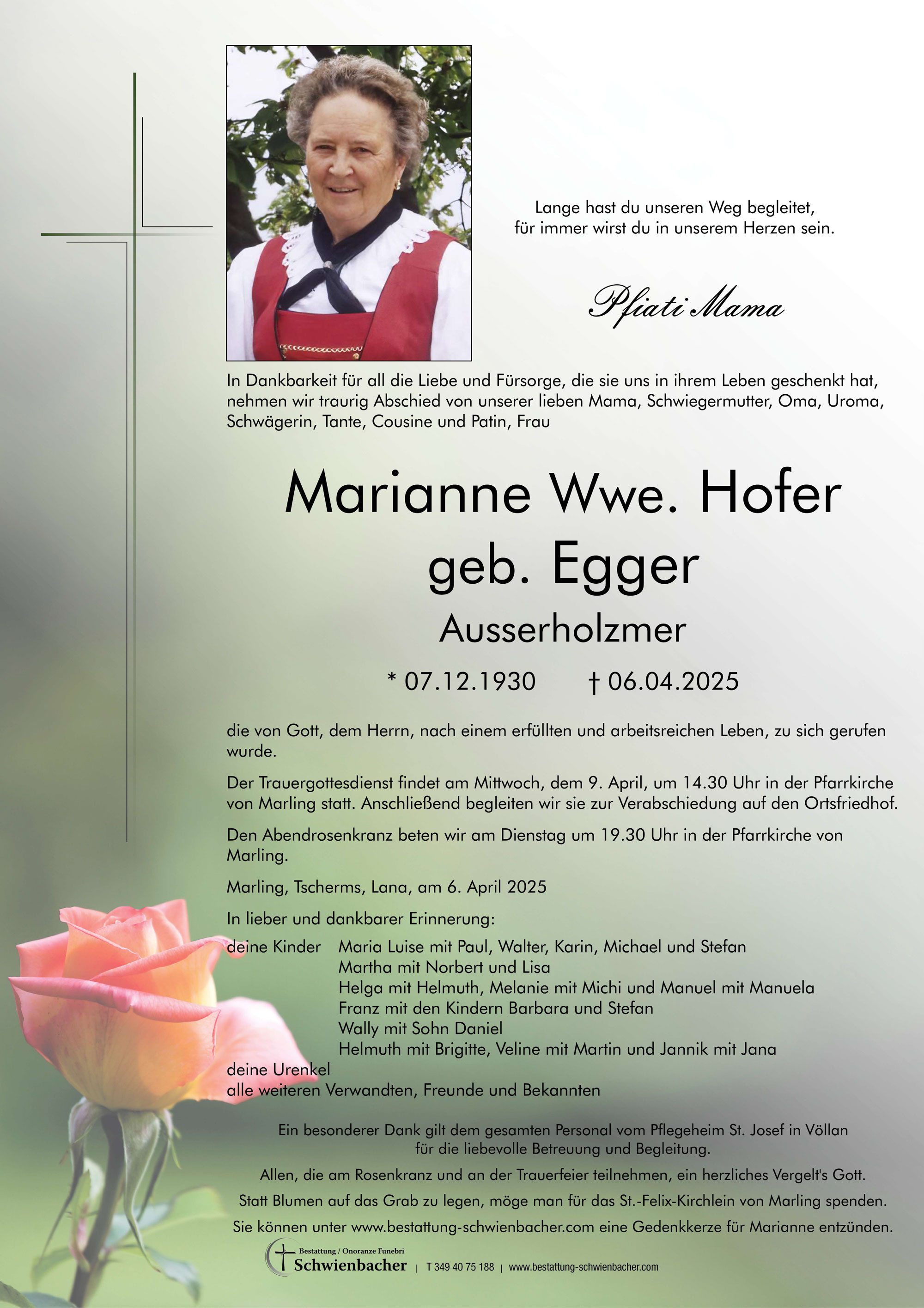 Parte: Marianne Wwe. Hofer geb. Egger 