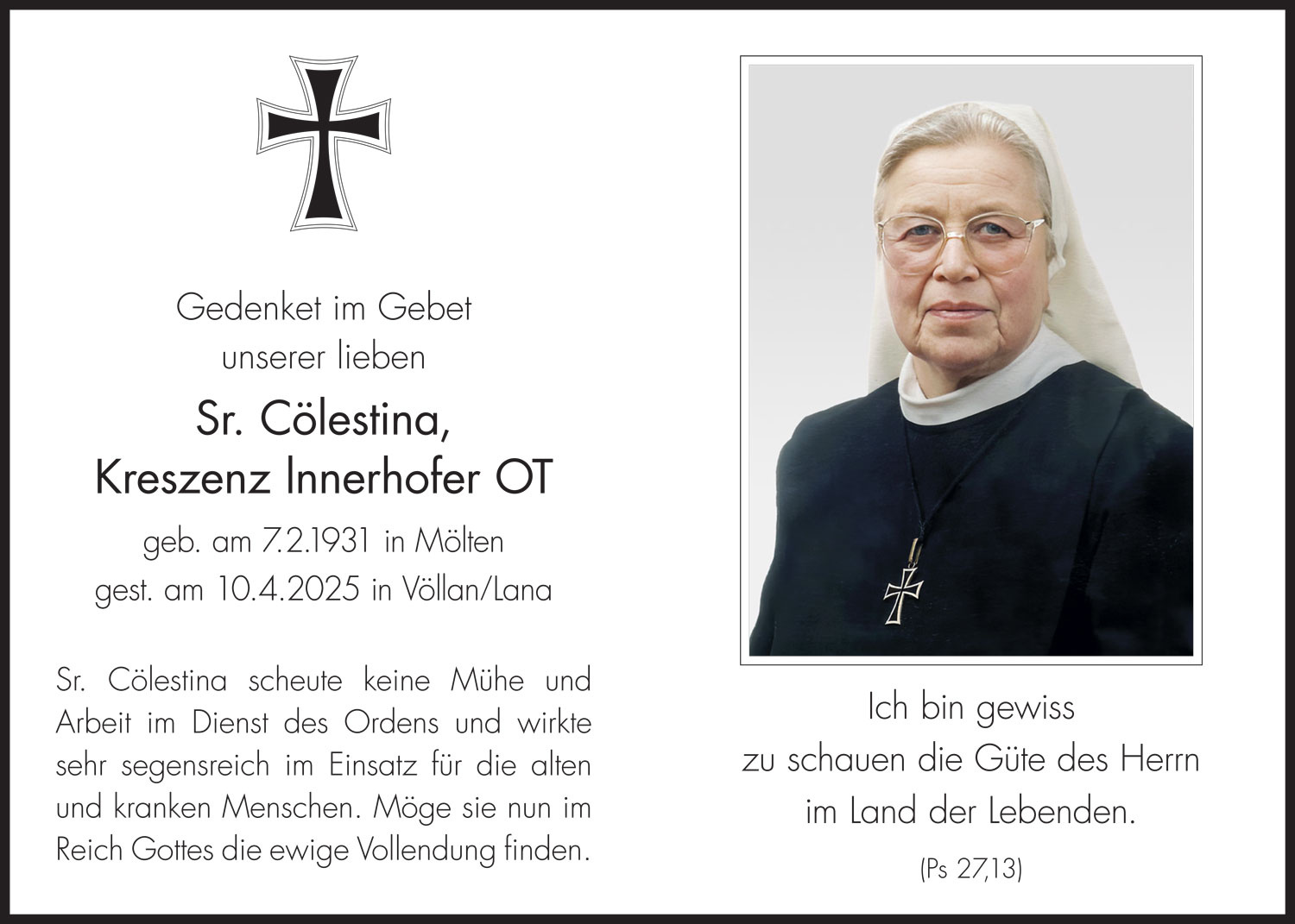 Sterbebild: Sr. Cölestina, Kreszenz Innerhofer OT