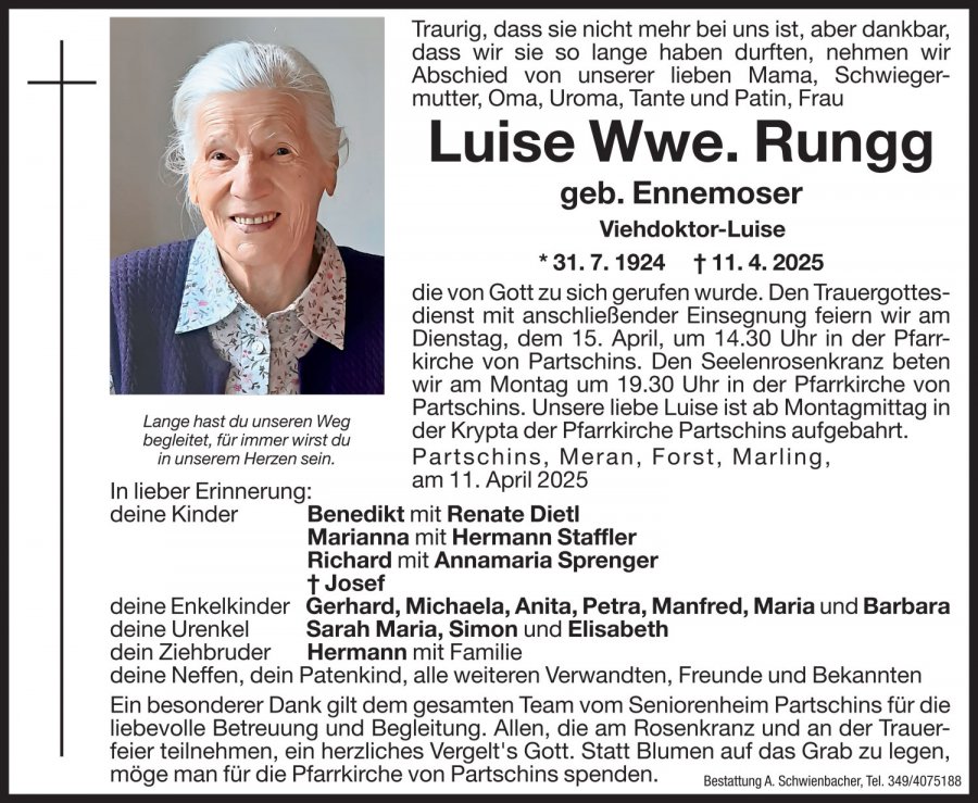 Medien: Luise Wwe. Rungg geb. Ennemoser