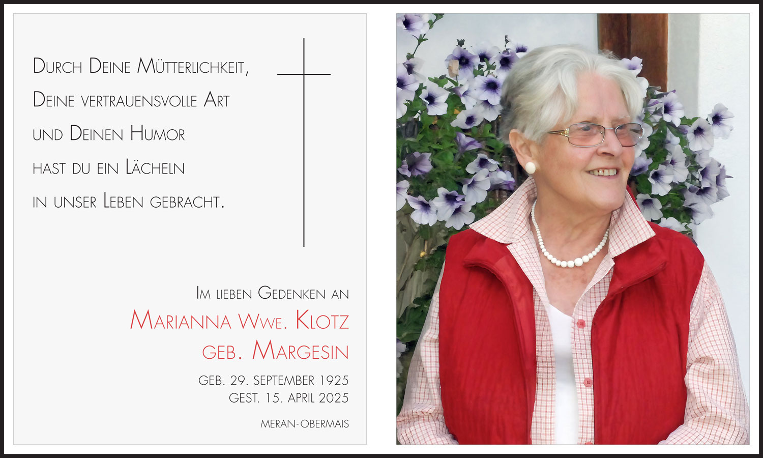 Sterbebild: Marianna Wwe. Klotz geb. Margesin