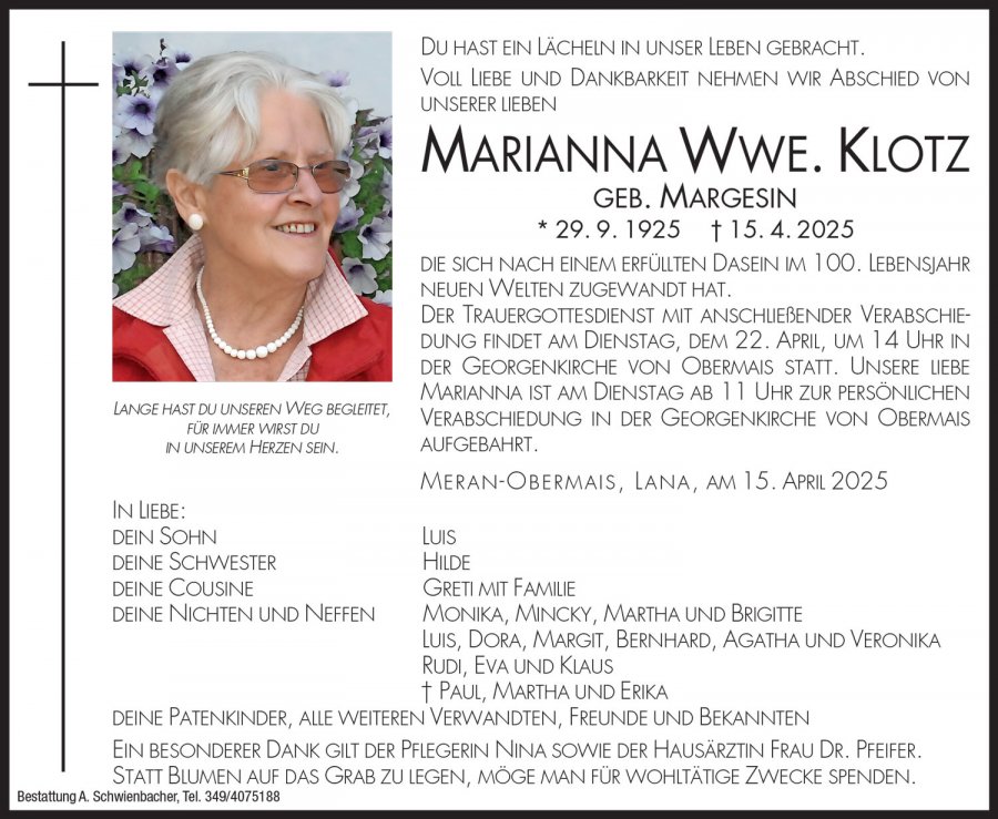 Medien: Marianna Wwe. Klotz geb. Margesin