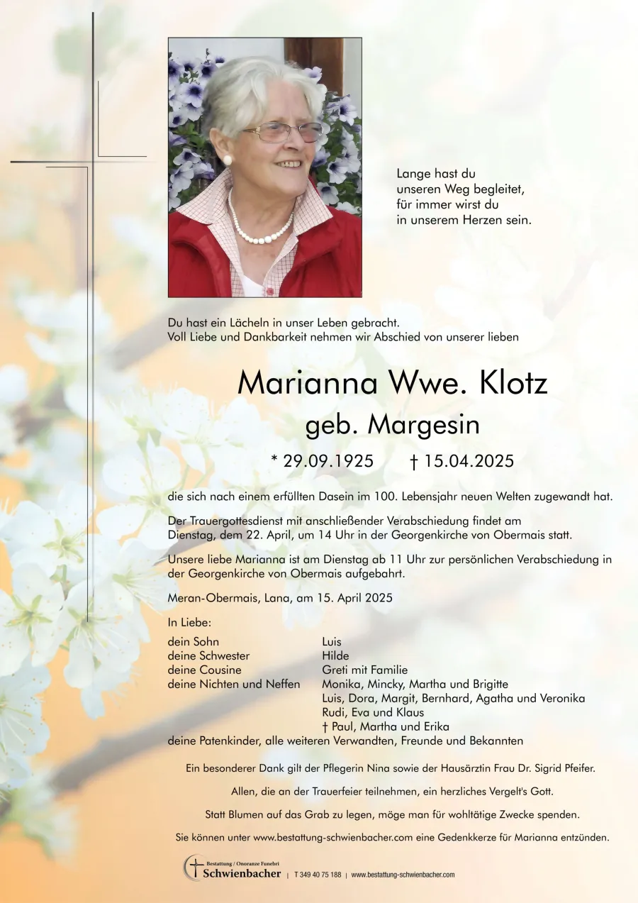 Parte: Marianna Wwe. Klotz geb. Margesin