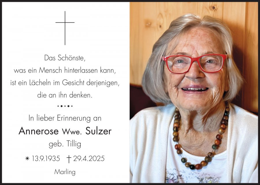 Sterbebild: Annerose Wwe. Sulzer geb. Tillig