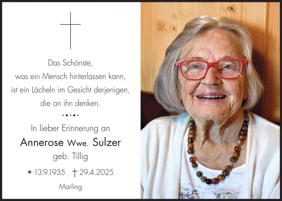 Sterbebild: Annerose Wwe. Sulzer geb. Tillig