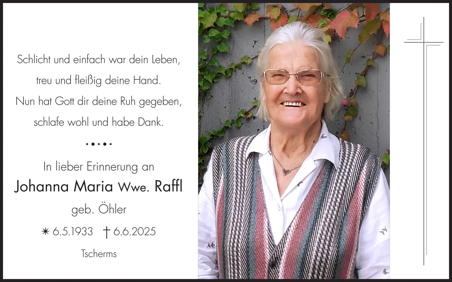 Sterbebild: Johanna Maria Wwe. Raffl geb. Öhler