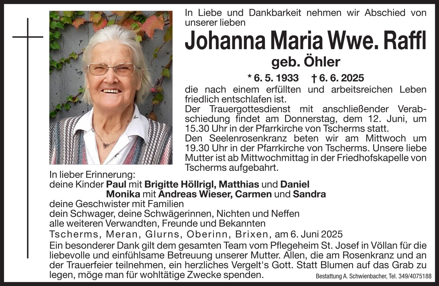 Medien: Johanna Maria Wwe. Raffl geb. Öhler